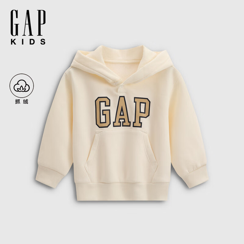 Gap 盖璞 男女童2025秋季Logo胶印抓绒套头连帽衫儿童装卫衣829299 象牙白 120 cm(