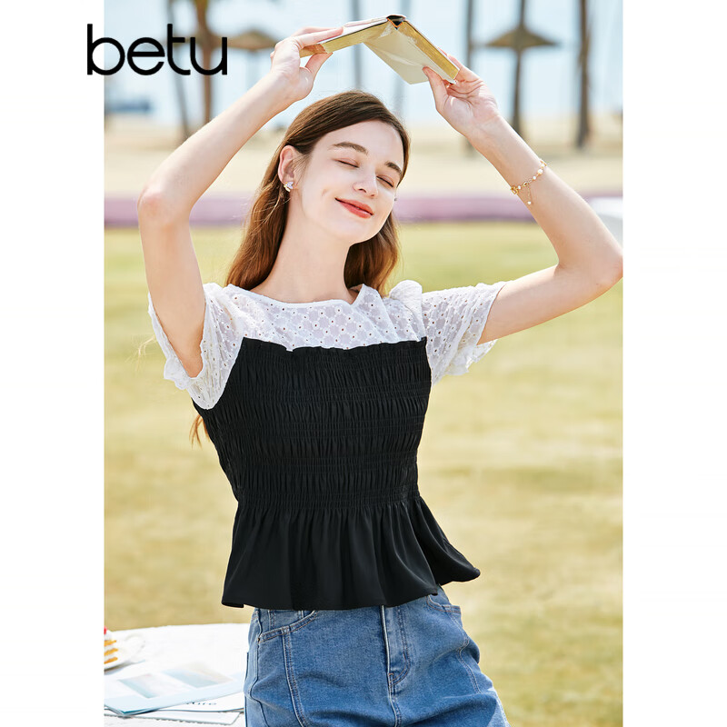 百图 Betu 女装夏季新款蕾丝拼接泡泡袖衬衫 2304T40 249.5元（需用券）