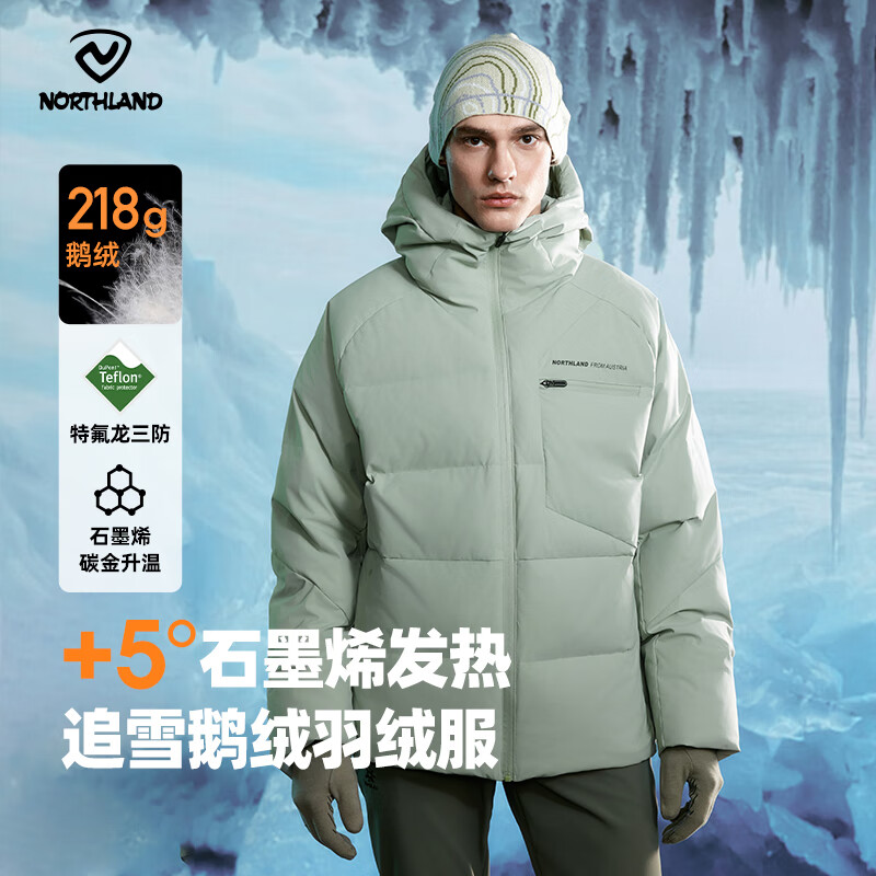 诺诗兰 羽绒服防寒保暖可升温高蓬鹅绒羽绒外套防泼防油污 山岚绿色 160 528
