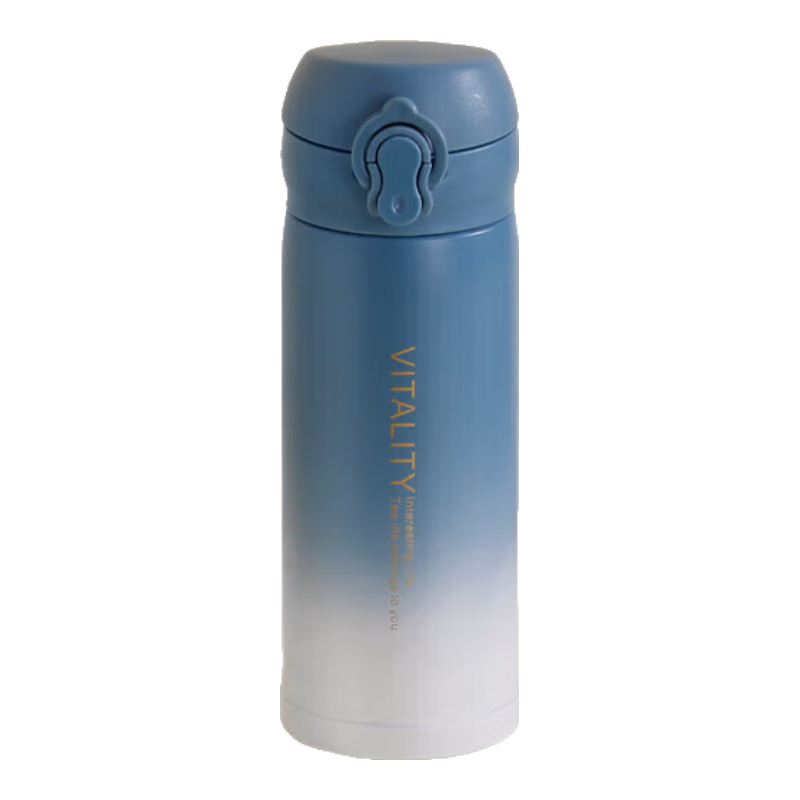 再降价：【京东物流】渐变304不锈钢学生男女保温杯简约弹跳盖便携保温 蓝