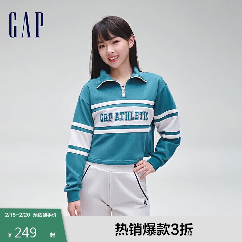 Gap 女装2024春秋新款LOGO撞色半拉链套头卫衣宽松上衣405064 282.33元（需买3件