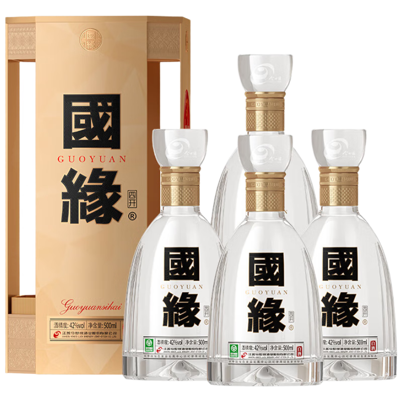 plus会员、京东百亿补贴:今世缘 国缘四开 幽雅醇厚型白酒 42度 500ml*4瓶 整箱