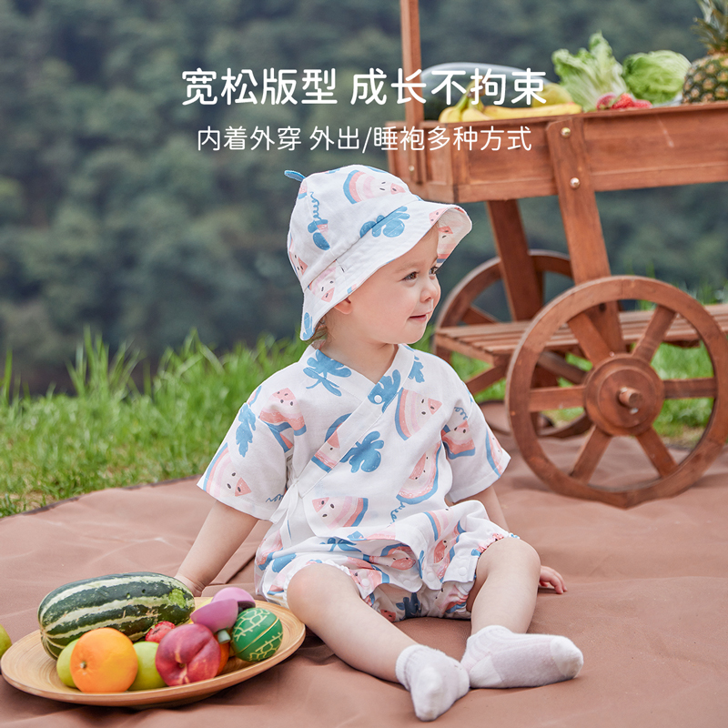 88VIP：Babylove 婴儿短袖连体衣夏季薄竹棉纱布哈衣新生儿和尚服宝宝爬服 52.2