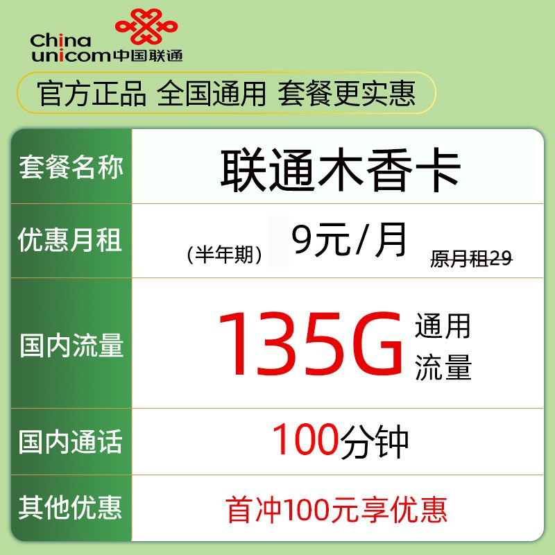 中国联通 木香卡 5个月9元月租（135G通用流量＋100分钟通话） 0.9元（双重优
