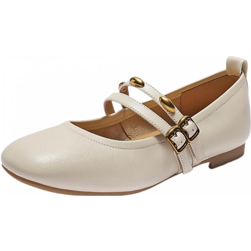 百丽 小金豆玛丽珍女25秋新商场款羊皮薄底单鞋E1V1DCQ5 米白色 40 (250mm) 459元