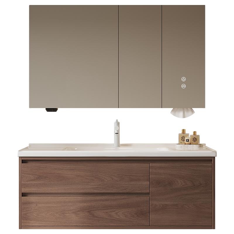 欧派 陶瓷一体盆浴室柜组合中古风卫生间胡桃木洗脸盆洗漱台卫浴柜 1497.5