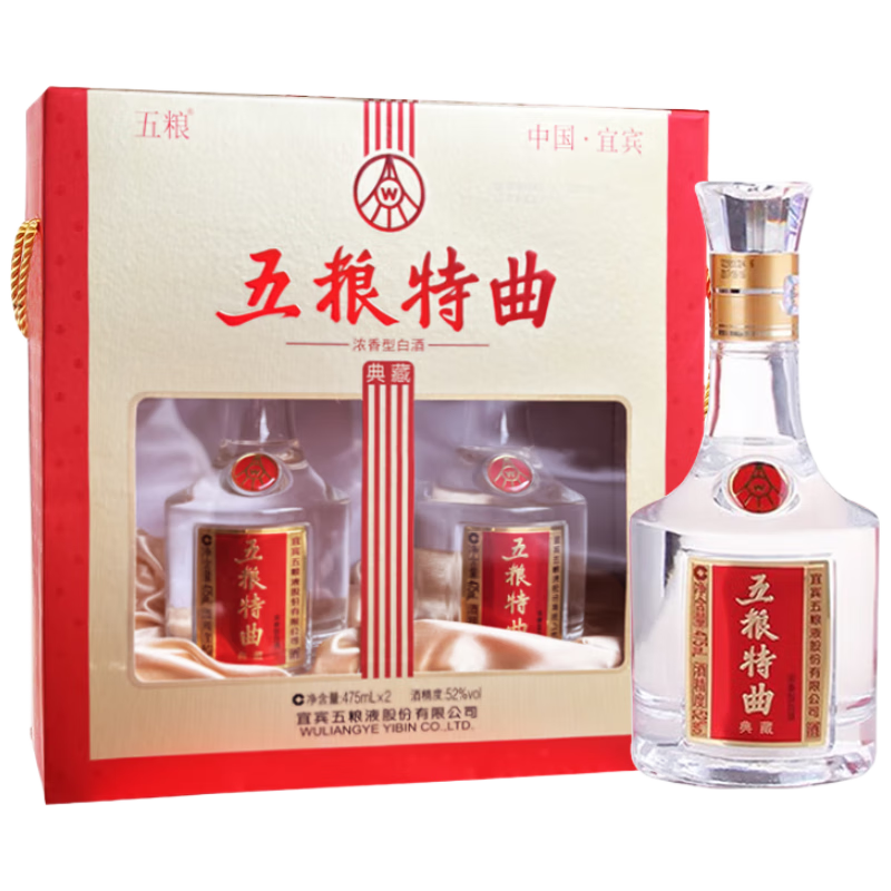 plus会员：五粮液股份 五粮特曲 典藏 浓香型白酒 52度 475mL*2瓶 礼盒装 246.31