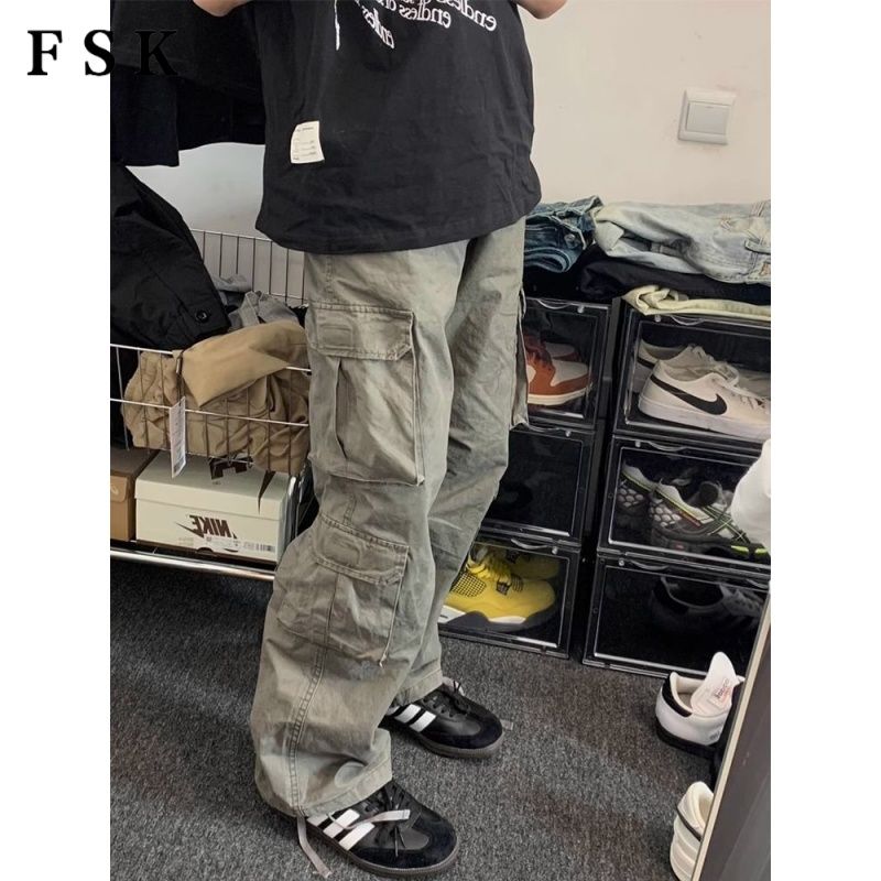 百亿补贴：FSK 古着vintage美式复古工装裤男夏季日系潮牌直筒阔腿口袋长裤 6