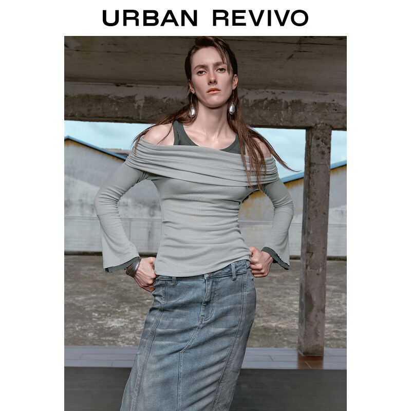 URBAN REVIVO UR2024秋季女装假两件露肩T恤UWA440006 浅灰 M 179元（需用券）