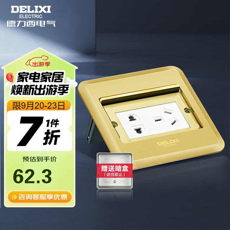 DELIXI 德力西 开关插座金色五孔10A掀盖铜地插防水地板插座带暗盒DCT-F120G-ZS 6