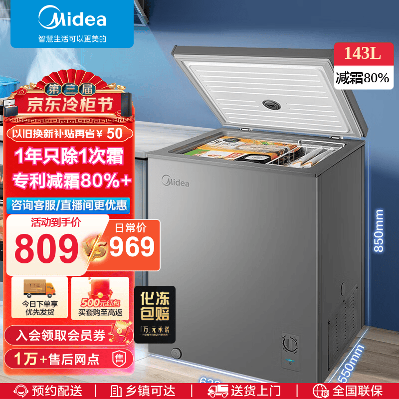 Midea 美的 高容系列100L/143L/200L小型冰柜家用租房用小冷柜一级能效节能 702.37