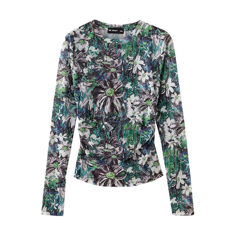 初语 网纱印花皮肤衣T恤女2026春季时髦小众收腰美式辣妹上衣 油画绿 L 143元