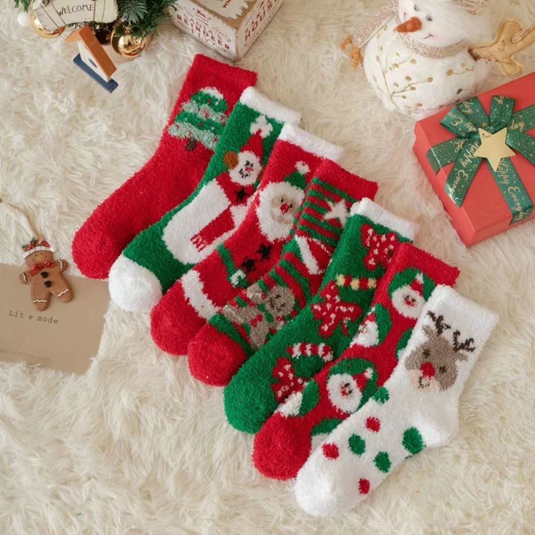 特浪艾 珊瑚绒圣诞袜子秋冬季加厚睡眠卡通袜子成人防滑居家月子松口保暖