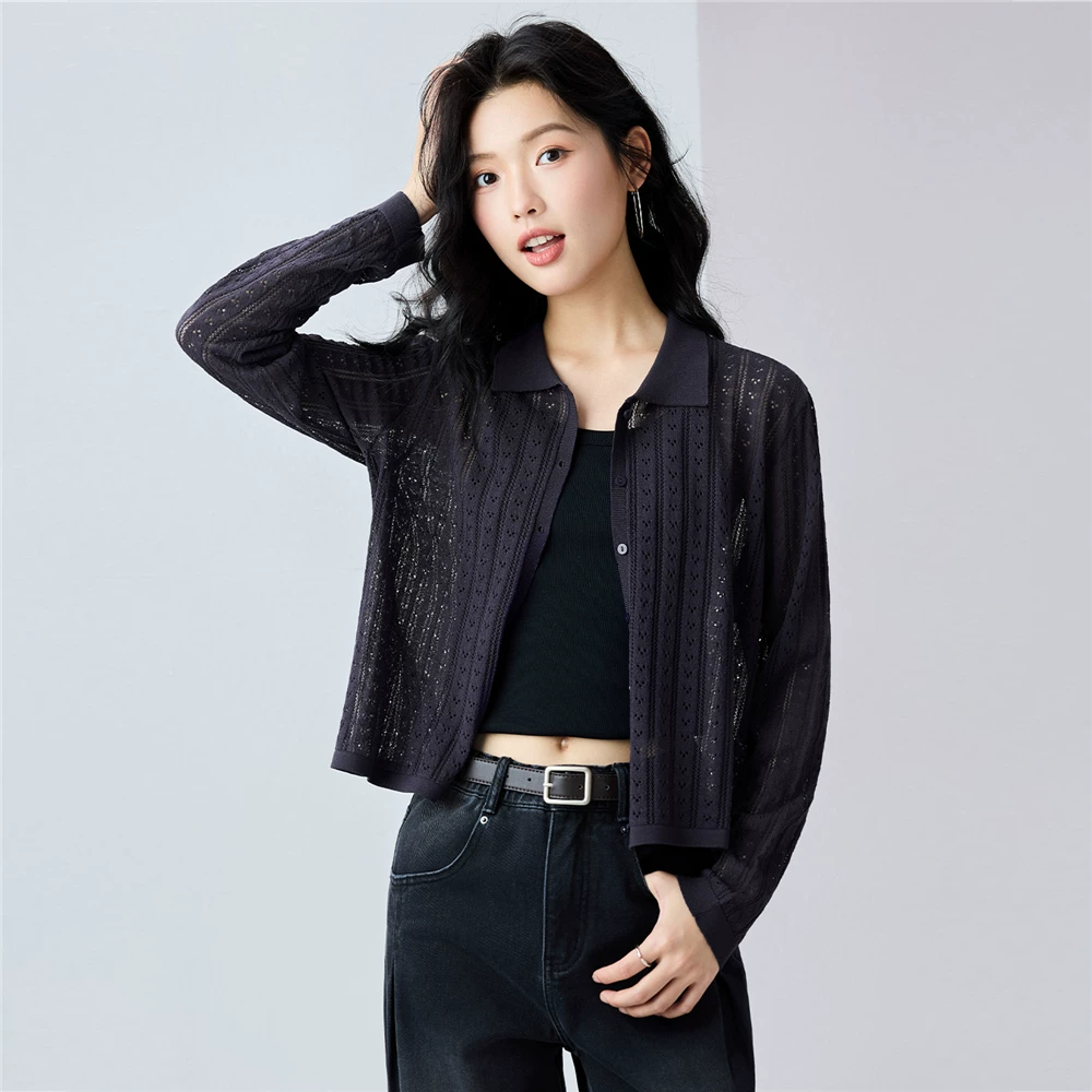 佐丹奴 针织衫女装镂空微透翻领开襟毛织针织衫 13355209 51.7元 - 线报酷