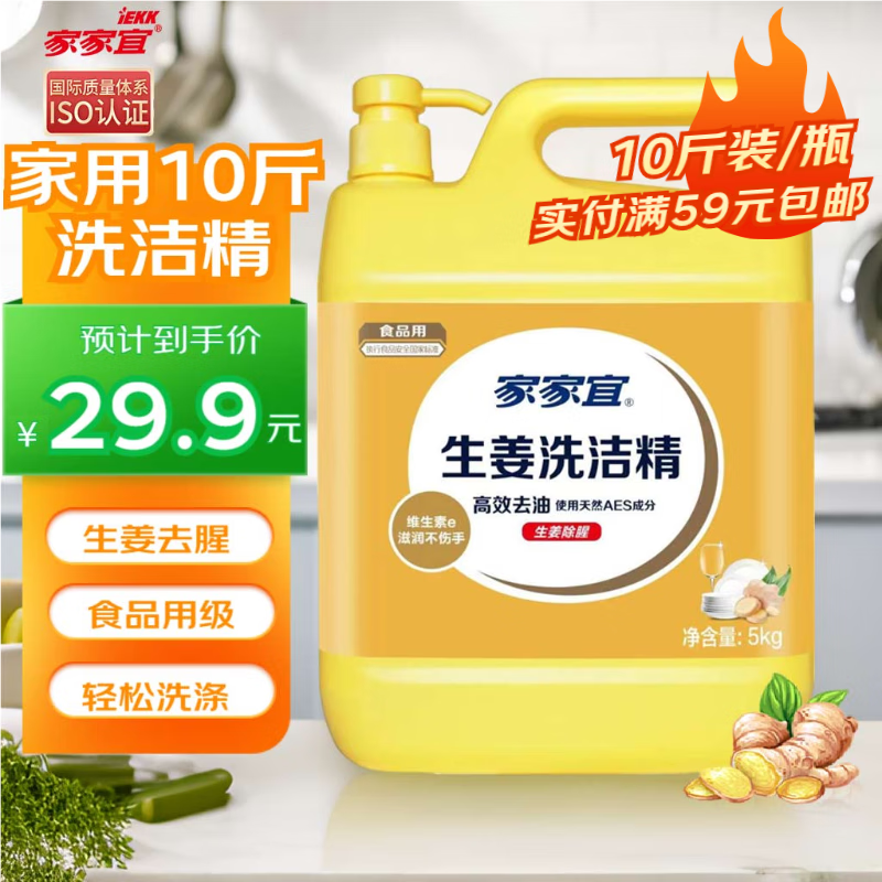 家家宜 生姜洗洁精大桶5kg 洗洁精食品级 除味去腥洗涤灵强效去油家庭用 29.