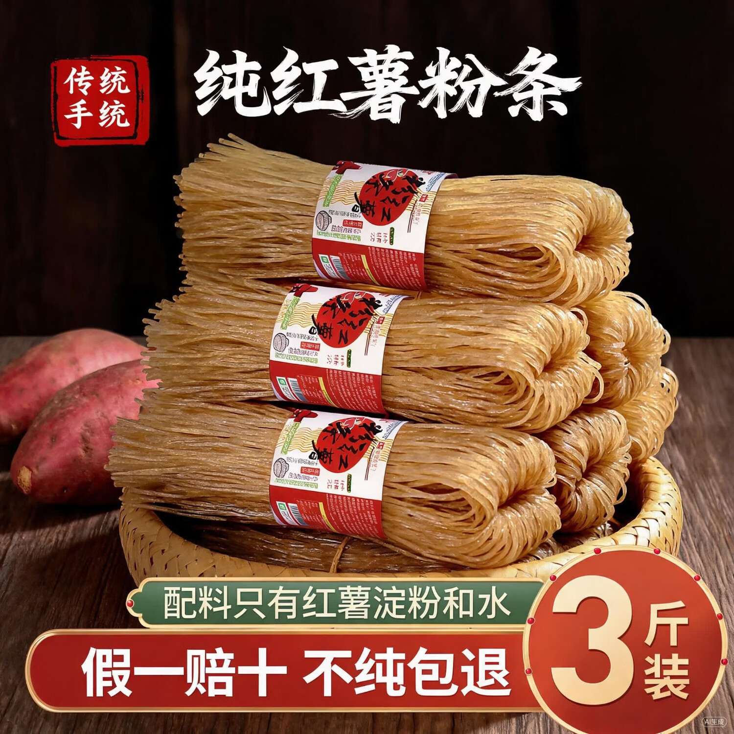 汴都铺子 纯红薯粉条无添加假一赔十纯手工正宗河南特产南北干货宽川粉丝 纯红薯粉条500g*3包【假一赔 26.9元 - 线报酷