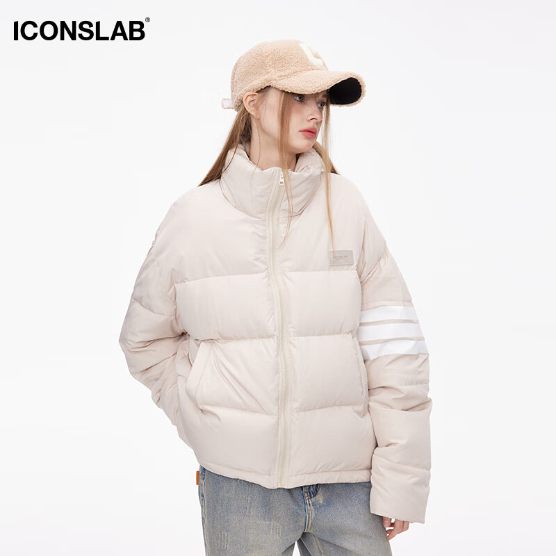 ICONSLAB 基础版条纹羽绒服宽松休闲情侣装外套冬季百搭男女潮 燕麦色 XL 736