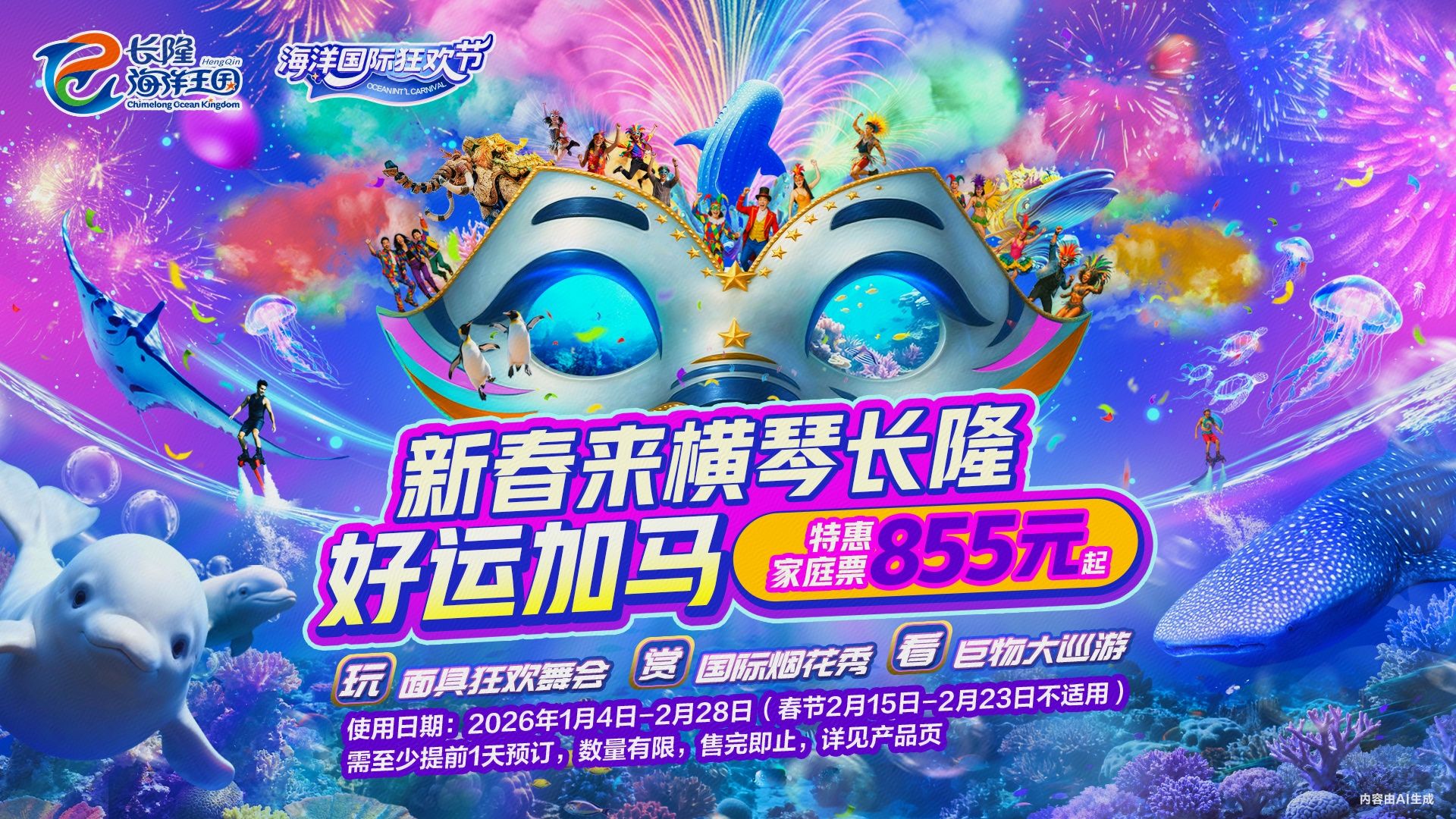 珠海长隆海洋王国 2大1小家庭票 团购券 855元