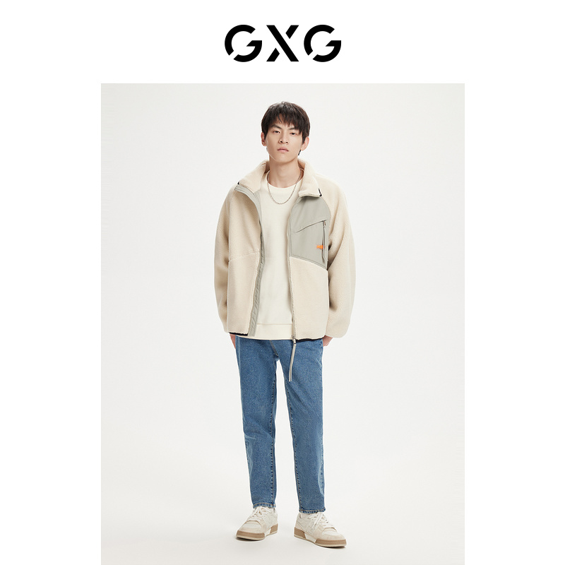 GXG 奥莱 22年年冬新款时尚拼接撞色舒适羊羔绒情侣立领夹克外套 334.5元（需