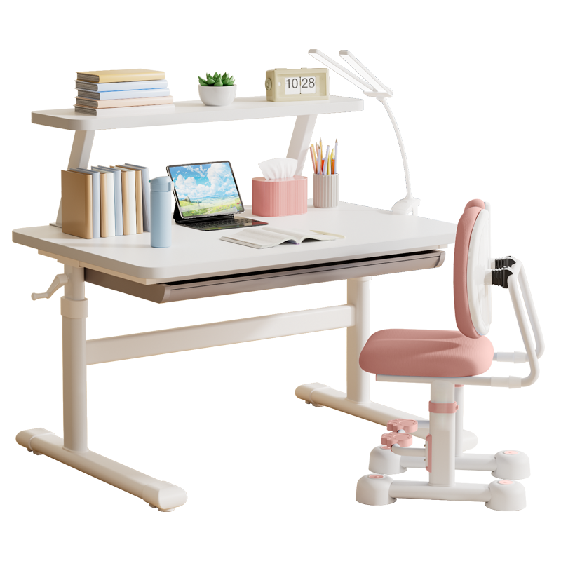 PLUS：读书郎 儿童学习书桌椅套装 可升降简约环保桌+书架+9cm追背椅粉 393.73