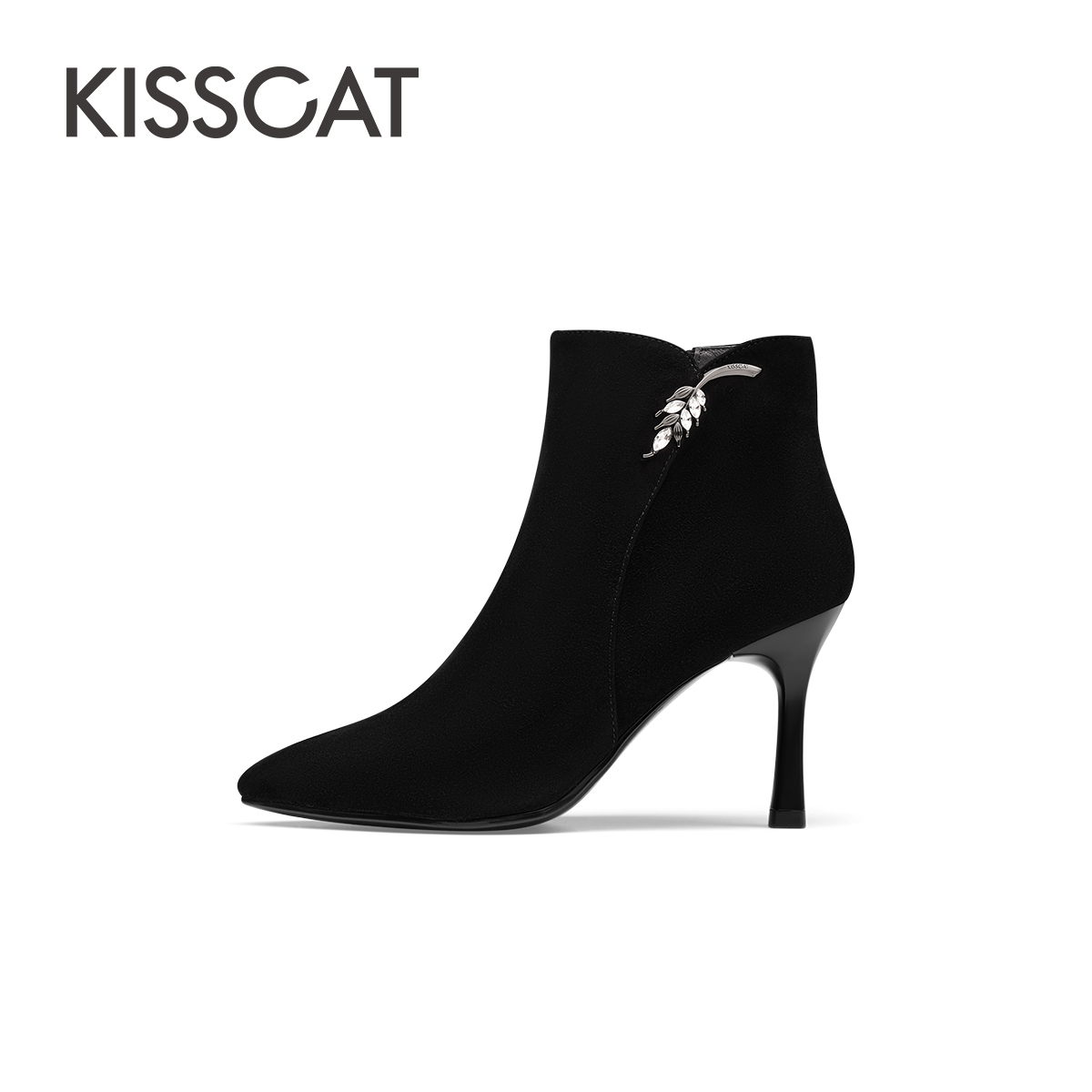 KISSCAT 接吻猫 2023冬季新款时尚气质高跟靴摩登尖头细跟时装靴女 809元（需