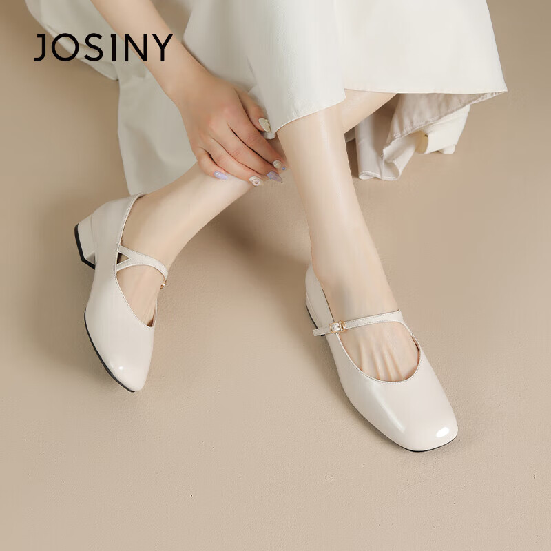 JOSINY 卓诗尼 女鞋春秋低跟粗跟搭扣女单鞋气质高级感时尚玛丽珍鞋 米白色 