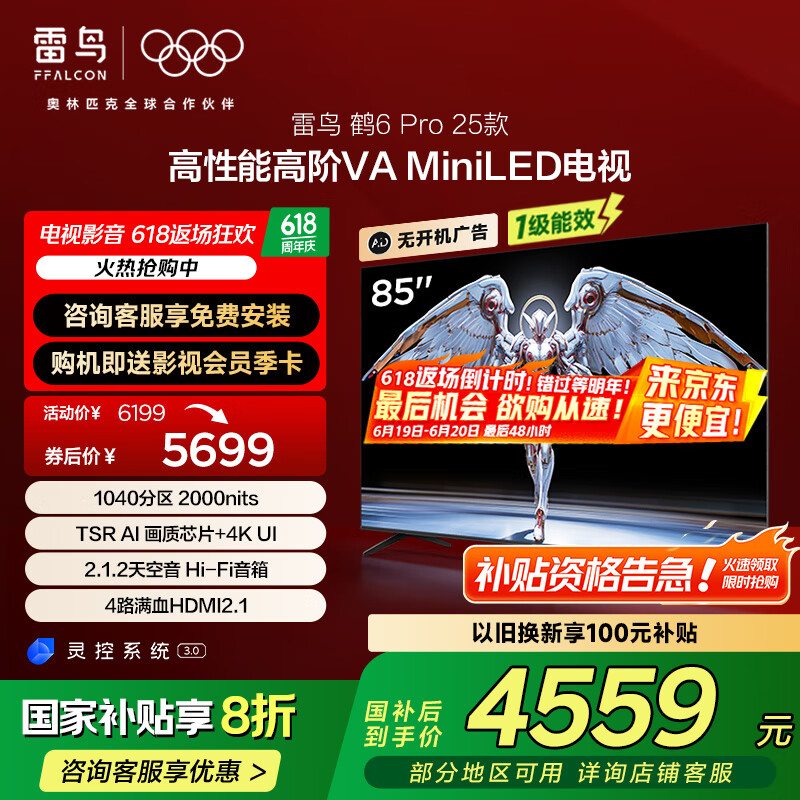 雷鸟 鹤6 PRO 25款 85S595C Pro 85英寸 MiniLED智能平板电视 4219.3元
