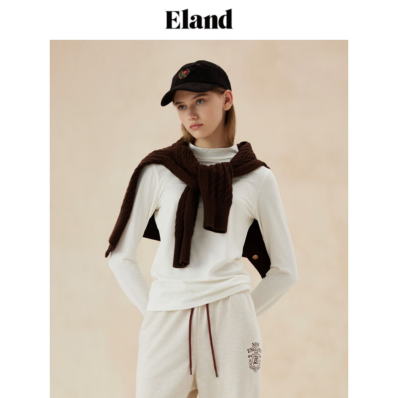 E·LAND 衣恋 ELAND衣恋长袖T恤女半高领弹力修身舒适打底衫2024秋季 象牙白/白