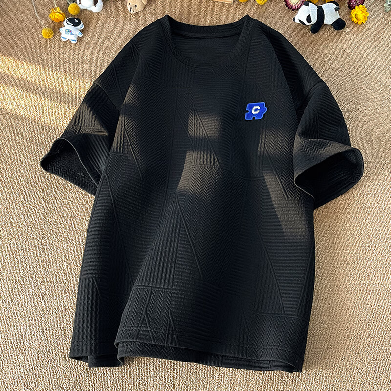 顶峰保罗 港风短袖T恤男夏季宽松透气字母刺绣慵懒风内搭上衣JC102黑色L L 