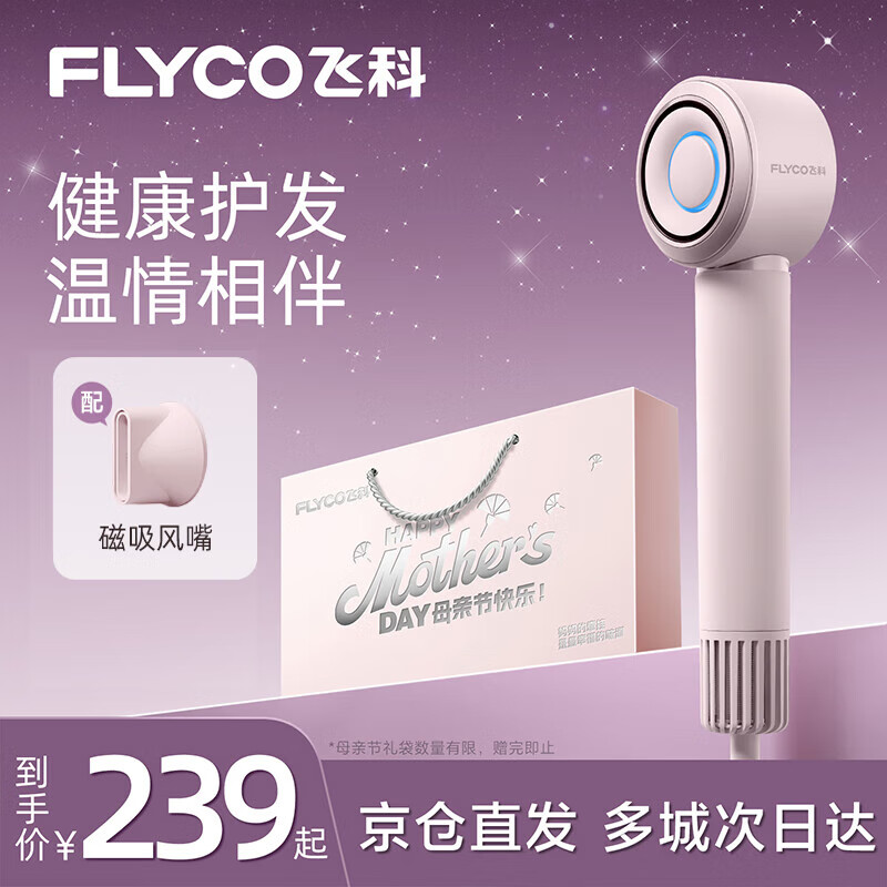 FLYCO 飞科 高速电吹风机母亲节家用便携速干降噪负离子大风力护发吹风筒银