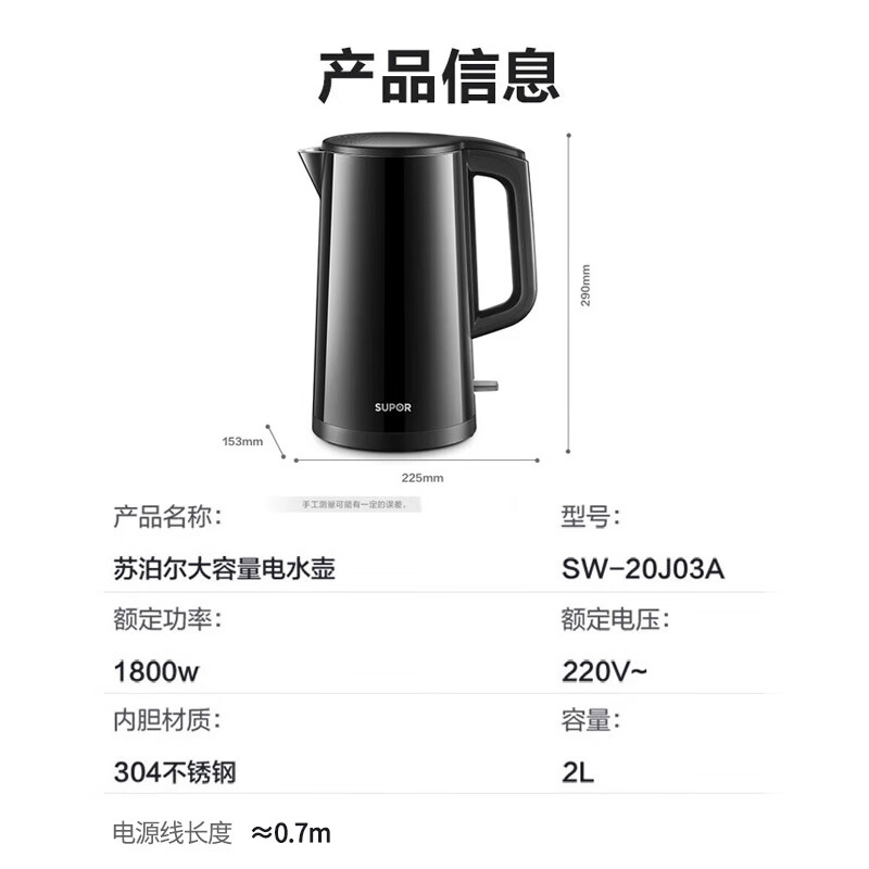 以旧换新补贴：SUPOR 苏泊尔 SW-20J03A 电水壶 2L 50.94元（需用券）