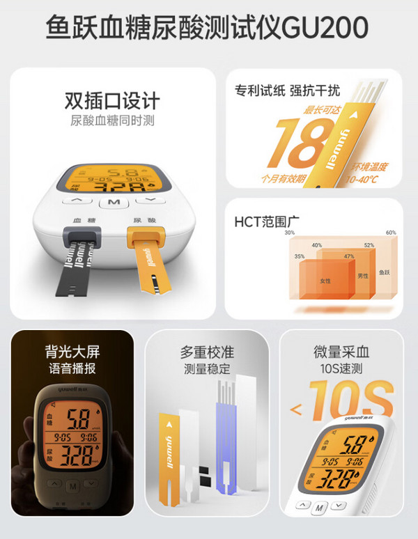 yuwell 鱼跃 医用血糖尿酸测试仪GU200测尿酸 仪器+50尿酸+50血糖+100采血针