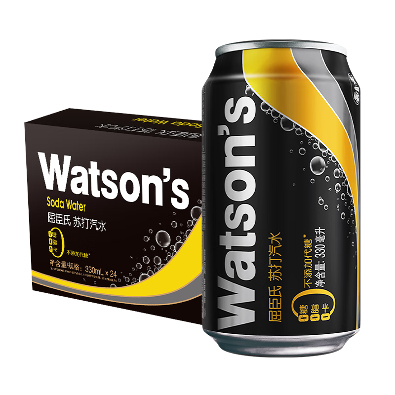 屈臣氏（Watsons）苏打汽水 经典原味黑罐 0糖0脂0卡 气泡饮料 330ml*24罐 整箱装 60.9元