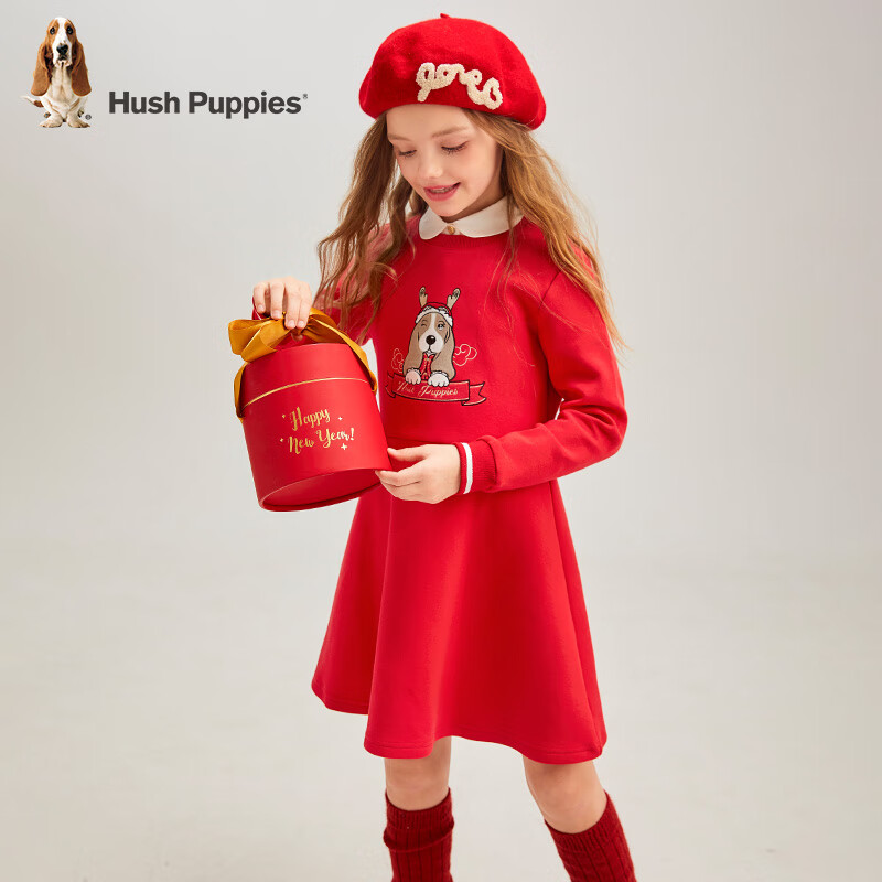 暇步士 童装女童2024冬季春节系列长袖裙经典圆领俏皮时尚舒适 珊瑚红 140cm 