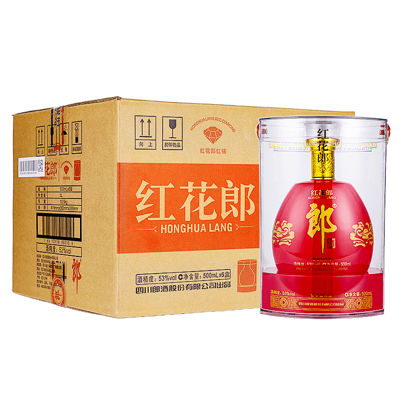 再降价、PLUS会员：郎酒红花郎 红钻 酱香型 高度白酒 53度500ml*6瓶 整箱装 174