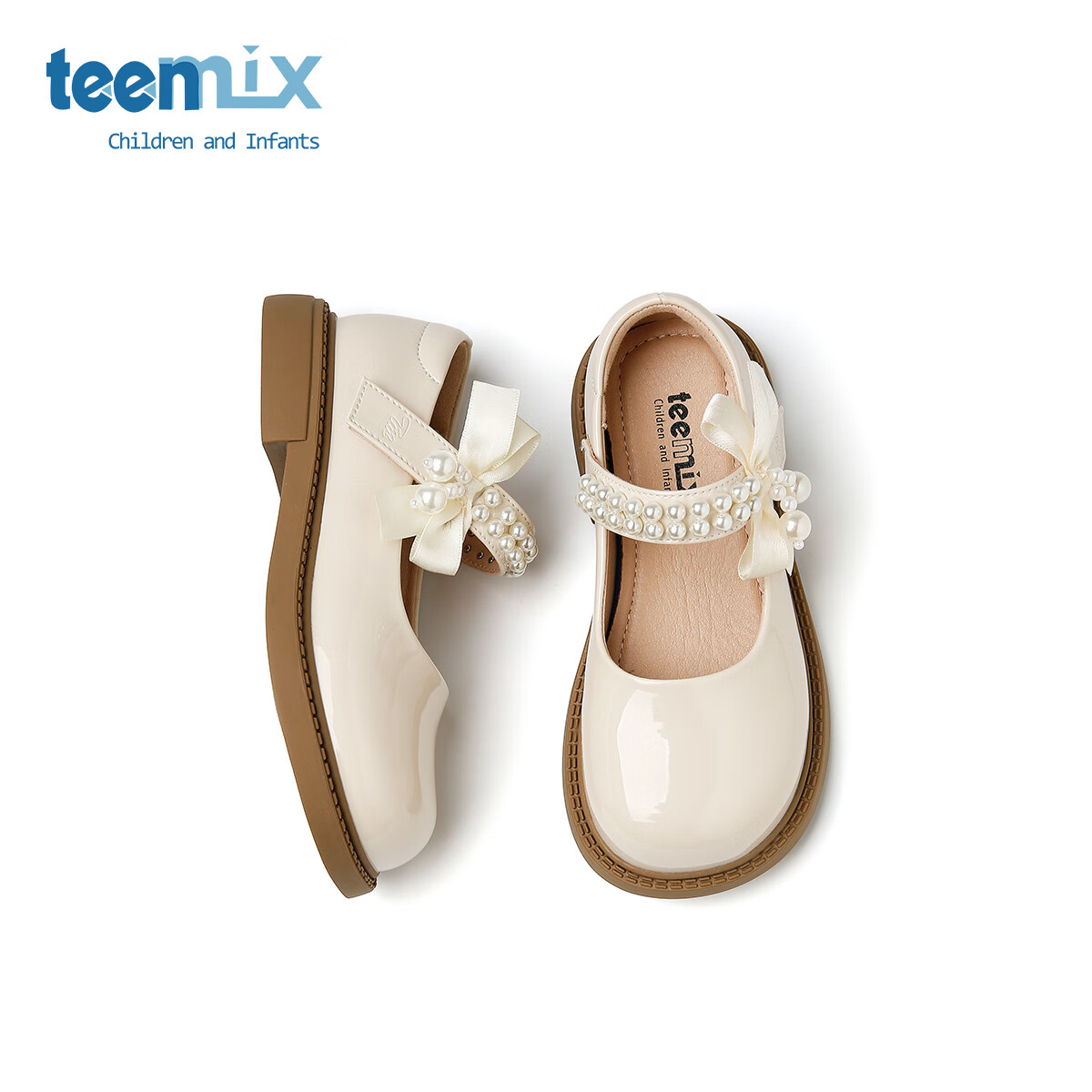 天美意 软底皮鞋女孩时尚百搭公主单鞋 米色 26 89元（需用券）