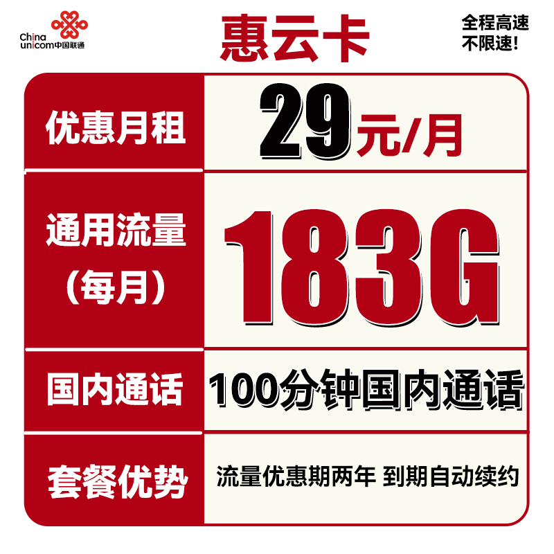 中国联通 惠云卡 29元月租（183G通用流量+100分钟国内通话） 0.01元（需用券
