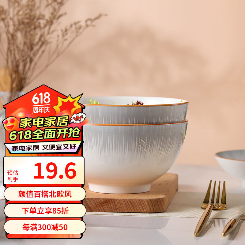 传旗 釉下彩陶瓷面碗6英寸2只汤碗泡面碗吃面大碗饭碗餐具流星 19.17元（需