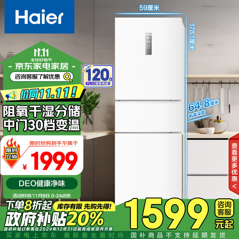 Haier 海尔 255升风冷无霜三开门多门电冰箱小户型家用宿舍出租房一级能效BCD