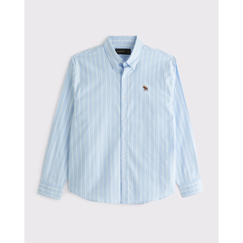 Abercrombie & Fitch 经典小麋鹿图案男装25春夏美式长袖衬衫125-5083 蓝色宽条纹 14
