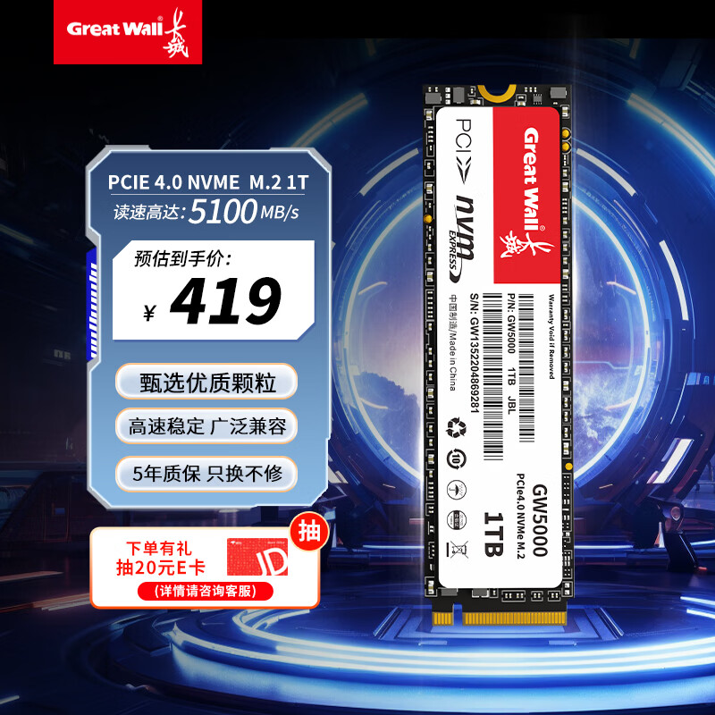 Great Wall 长城 1TB SSD固态硬盘 M.2接口(NVMe协议) PCIe4.0x4 读速5100MB/s GW5000系列 41