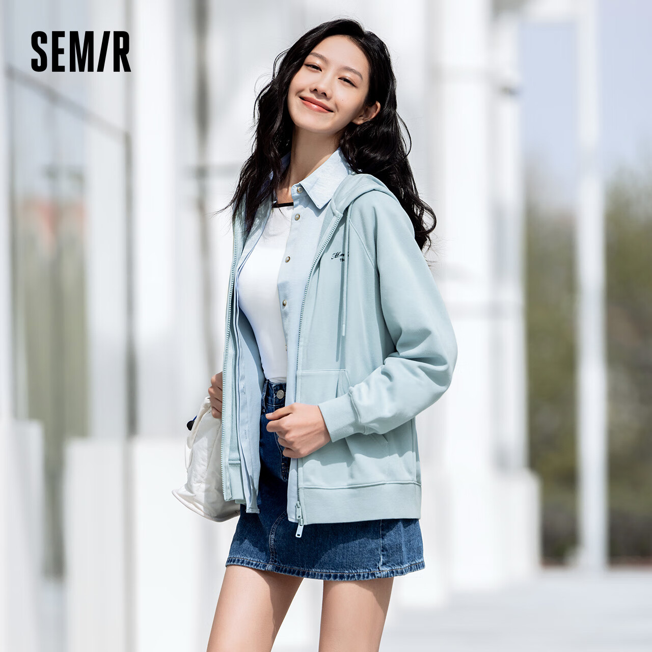 Semir 森马 外套女中长款宽松外搭2024年秋连帽针织夹克 冰蓝80917 M 160/84A 259元