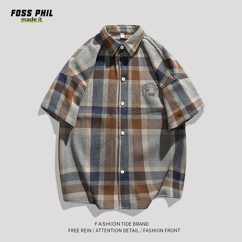 Foss Phil 短袖衬衫男士夏季宽松格子衬衣休闲外套男装CY53灰蓝3XL 3XL（170-190斤