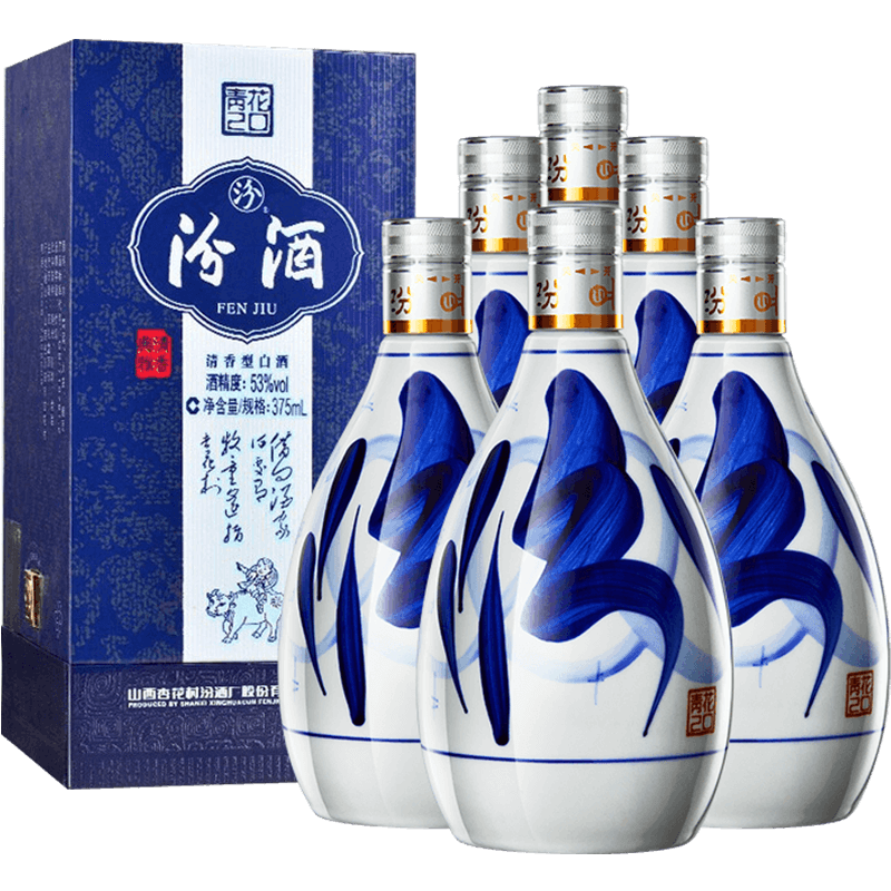 pLUS 会员、京东百亿补贴：汾酒 青花20 清香型高度白酒 53度375ml*6瓶 整箱装 1