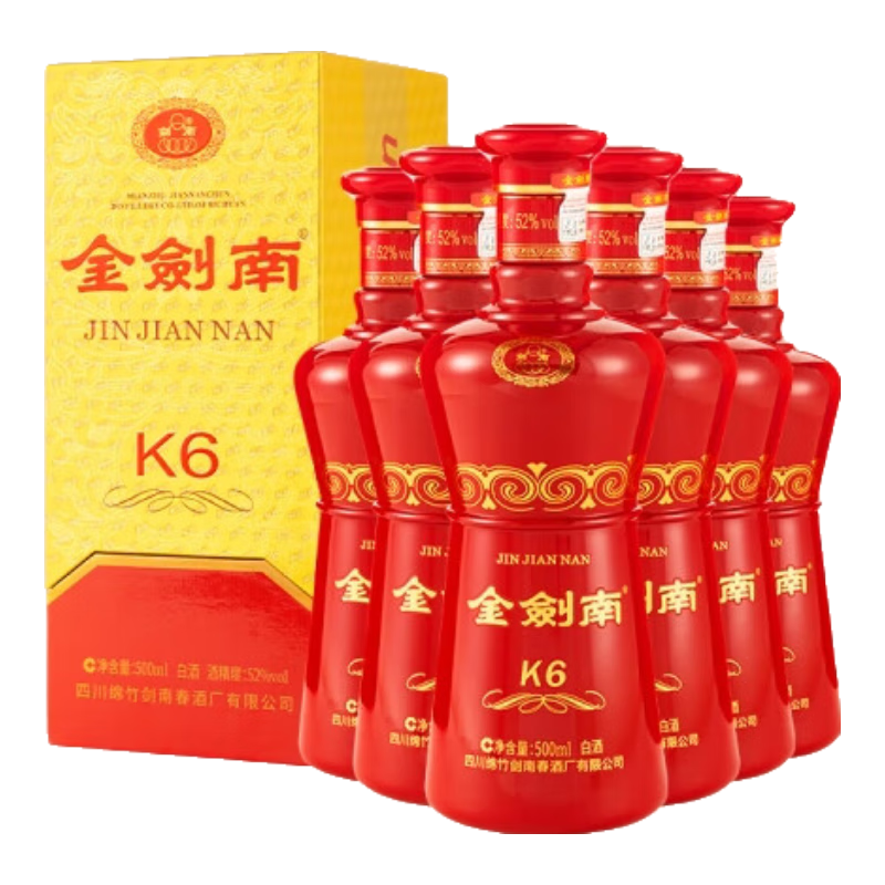 Plus会员:剑南春 金剑南K6 52度 500ml*6瓶 整箱装 浓香型 +赠100ml*3瓶 696.51元（需