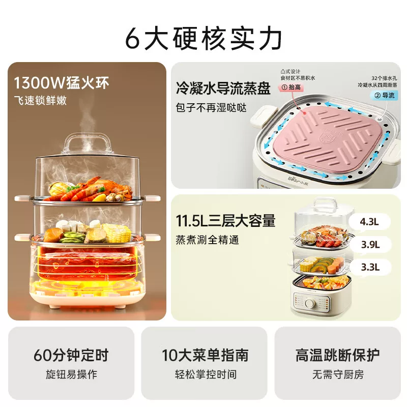 小熊 多功能电蒸锅家用三层大容量蒸煮一体早餐机蒸包子2026新款 11.5L*1台 105.1元 - 清风线报