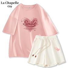 PLUS会员：La Chapelle City 拉夏贝尔 短袖套装女 粉水彩心+杏粉双心K 59.35元包邮