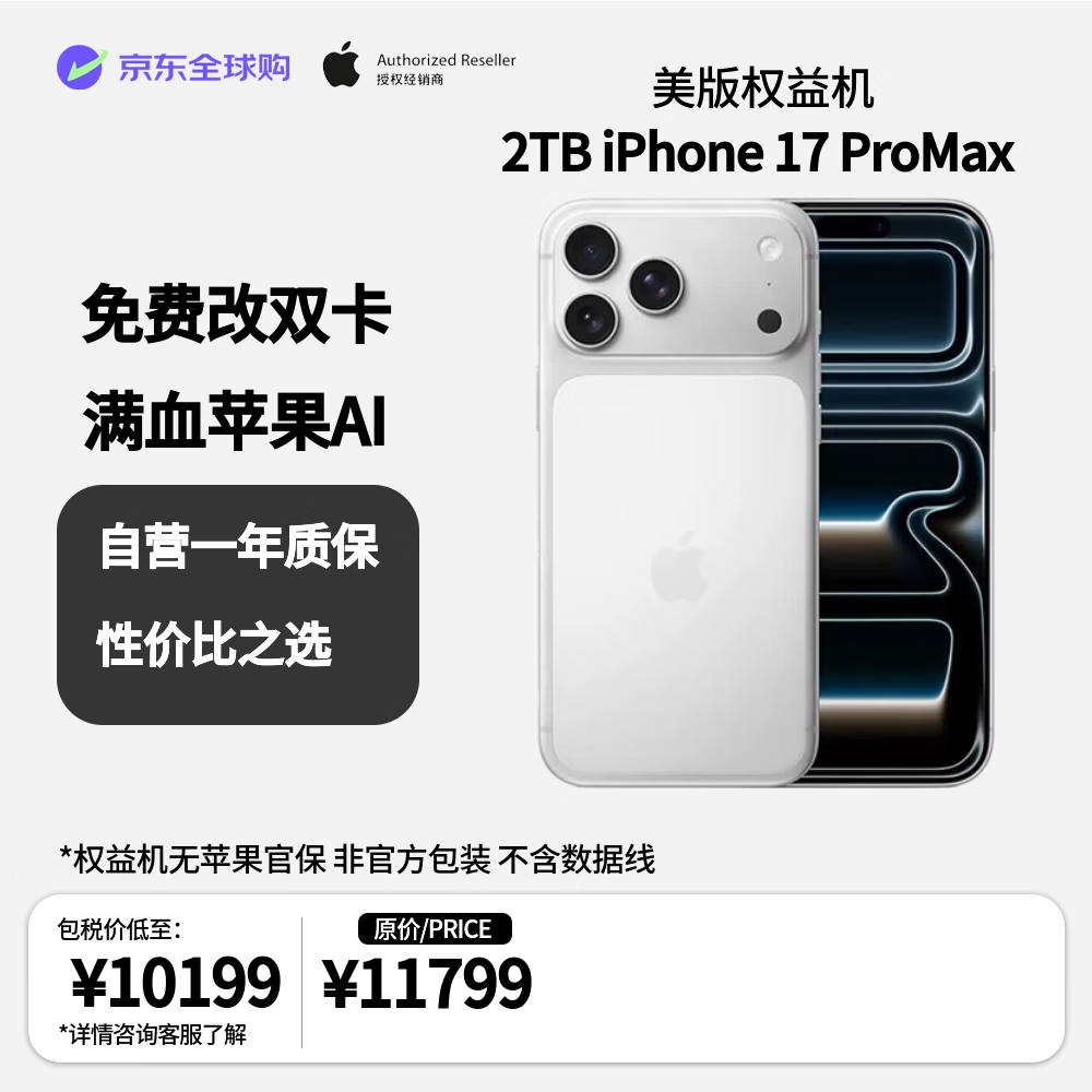 Apple iPhone 17 Pro Max 双eSIM卡 银色 2TB 5G手机 10179元（需用券）