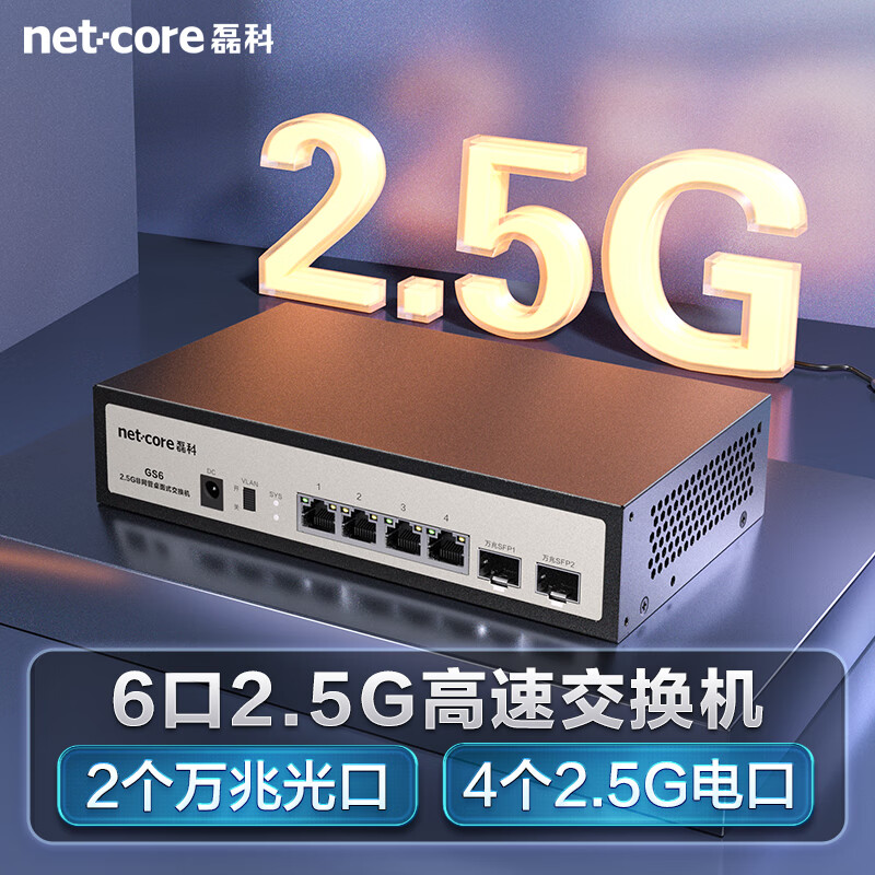 磊科 netcore GS6 6口企业级交换机4个2.5G电口+2个万兆SFP光口 支持向下兼容1G光