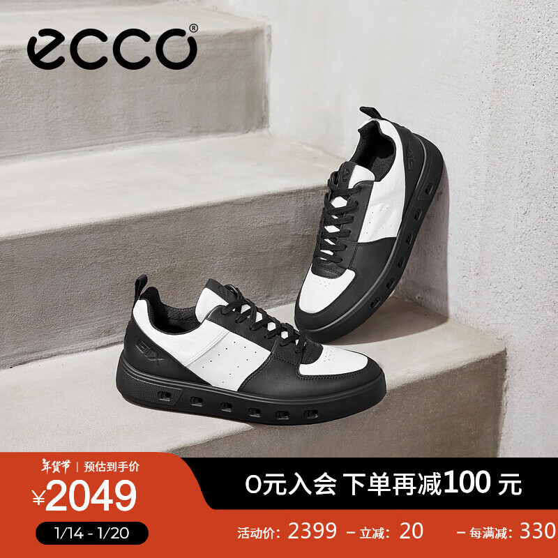 ecco 板鞋男 百搭厚底拼接休闲鞋牛皮防水运动鞋男 街头720 520814 黑色/白色520